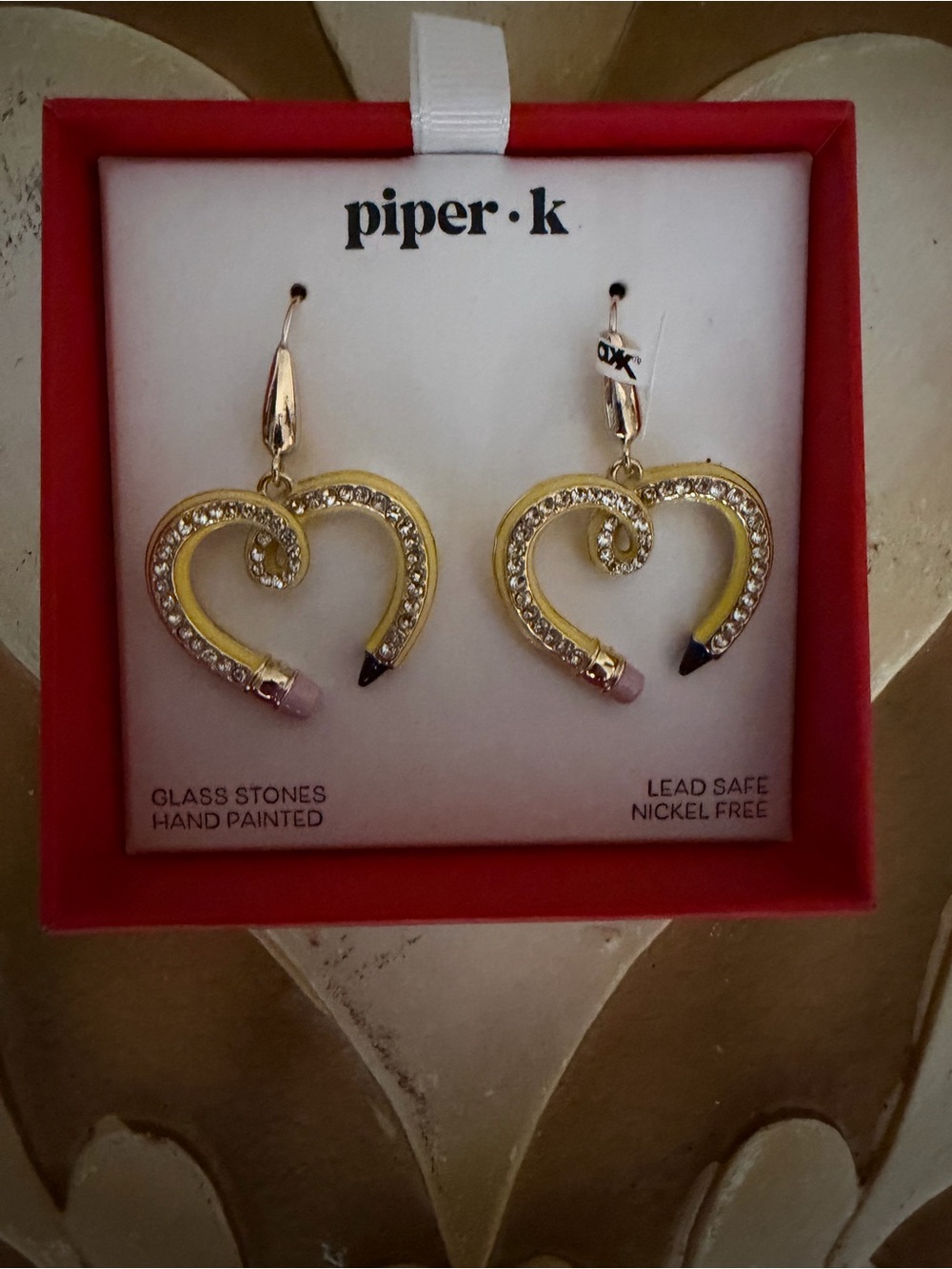 Piper K Glass Stones Hand Painted Pencil Heart Dangle Earrings